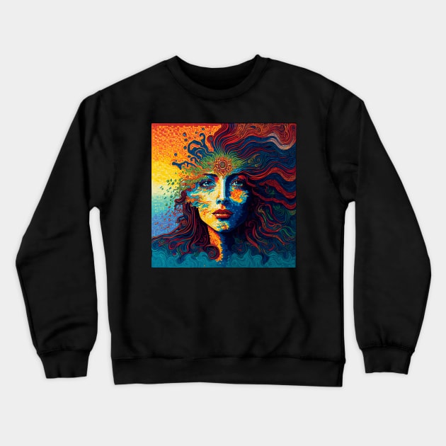 Psychodelic portrait of a woman with a mandala on her forehead Crewneck Sweatshirt by kansaikate